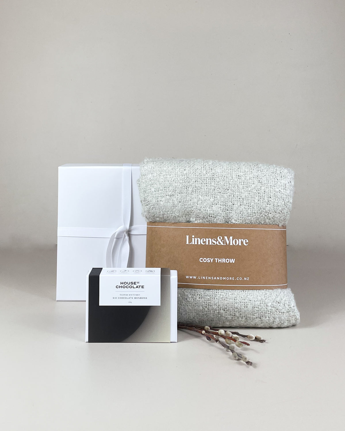 Little Luxury Gift Box with cosy throw, handmade chocolates, and optional Juno Gin – perfect gourmet gift for birthdays, thank you, or cheering someone up in New Zealand.