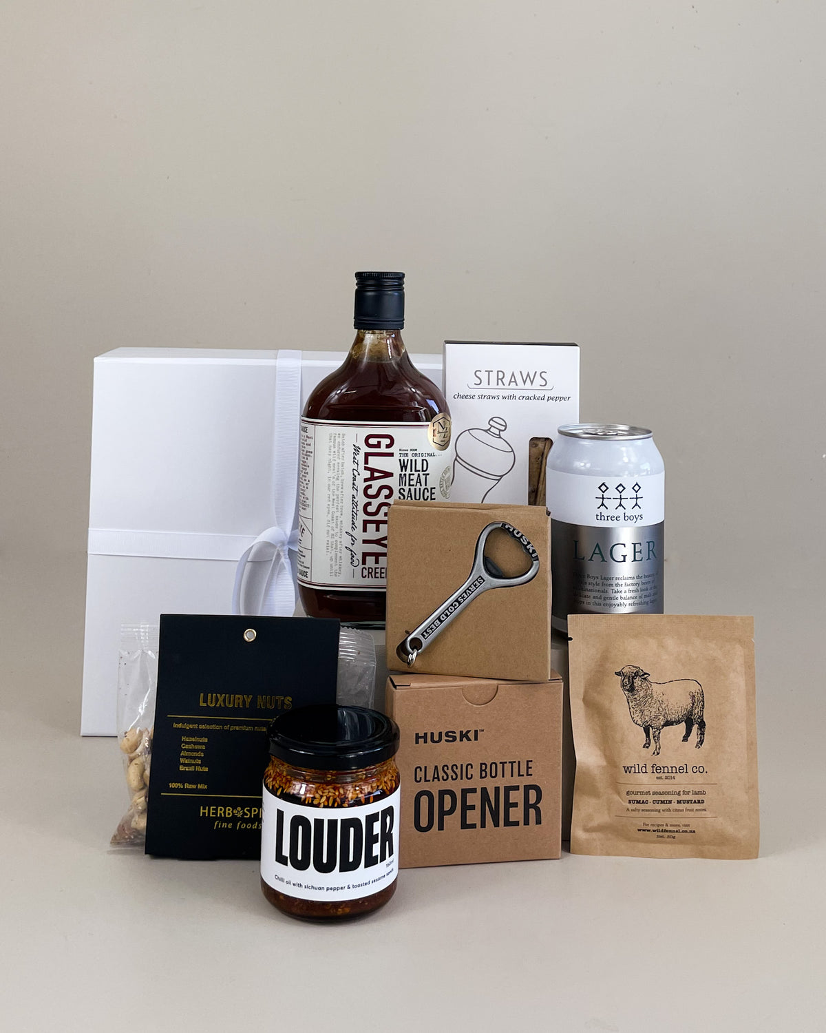 BBQ Gift Box with New Zealand artisan food, craft beer, and Huski bottle opener, perfect for backyard BBQs, boat days, or corporate gifting