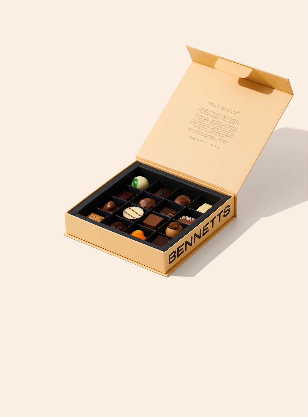 Bennett’s of Mangawhai 16 Chocolate Selection featuring handcrafted New Zealand chocolates in a premium gift box.