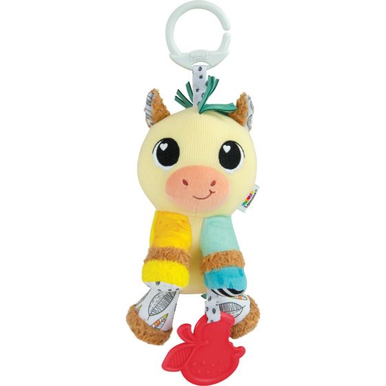 Lamaze Carson Clydesdale baby sensory travel toy with soft textures, tethered apple teether, and stroller clip attachment.