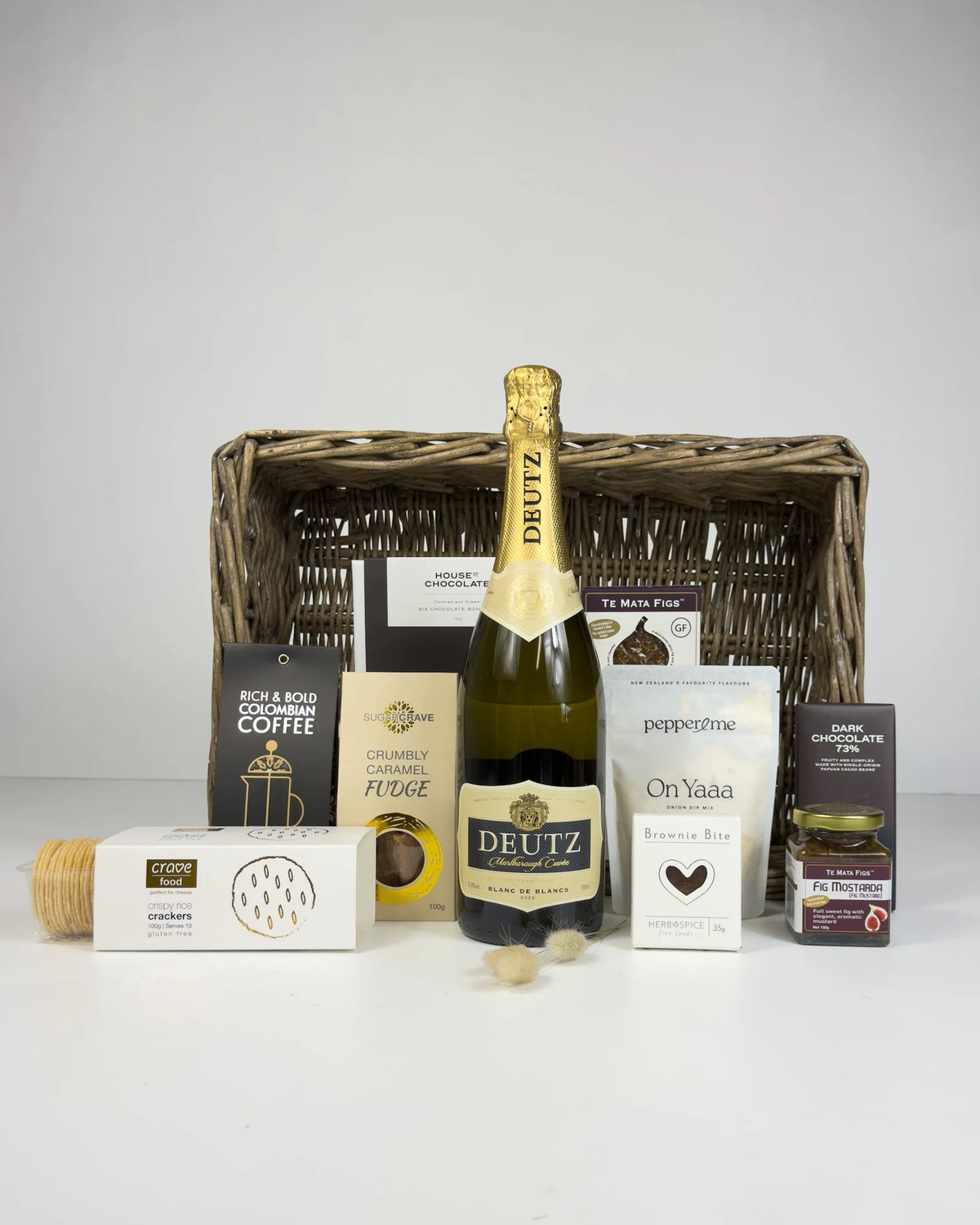 Celebrate in Style Gift Basket with sparkling New Zealand wine and artisan food in a natural gift basket