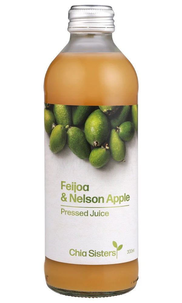 Bottle of premium Feijoa Pressed Juice made from New Zealand-grown feijoas, featuring a fresh, naturally sweet flavour. Beautifully presented as part of a gourmet gift basket with artisan New Zealand food, perfect for gifting, celebrations, and special occasions.