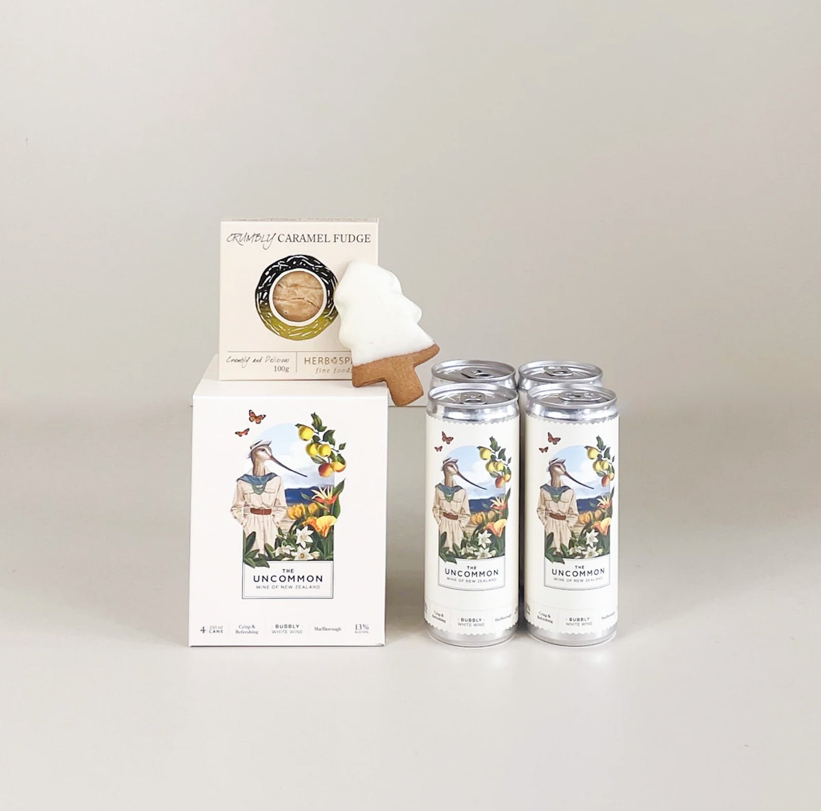 Christmas gift box with NZ wine and handmade fudge, beautifully presented for festive gifting
