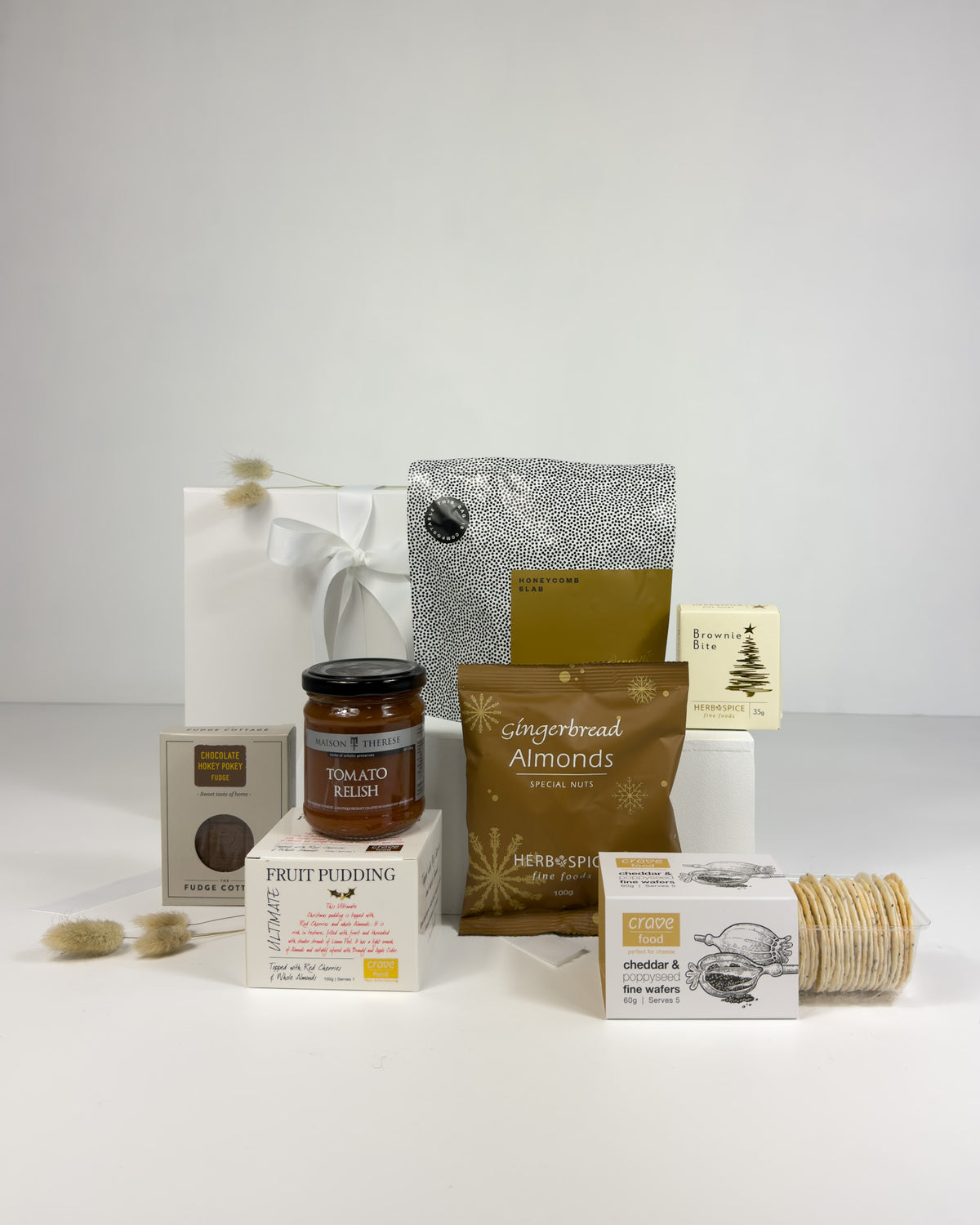 Christmas Favourites Gift Box with fruit pudding, sweet and savoury treats in a white magnetic gift box