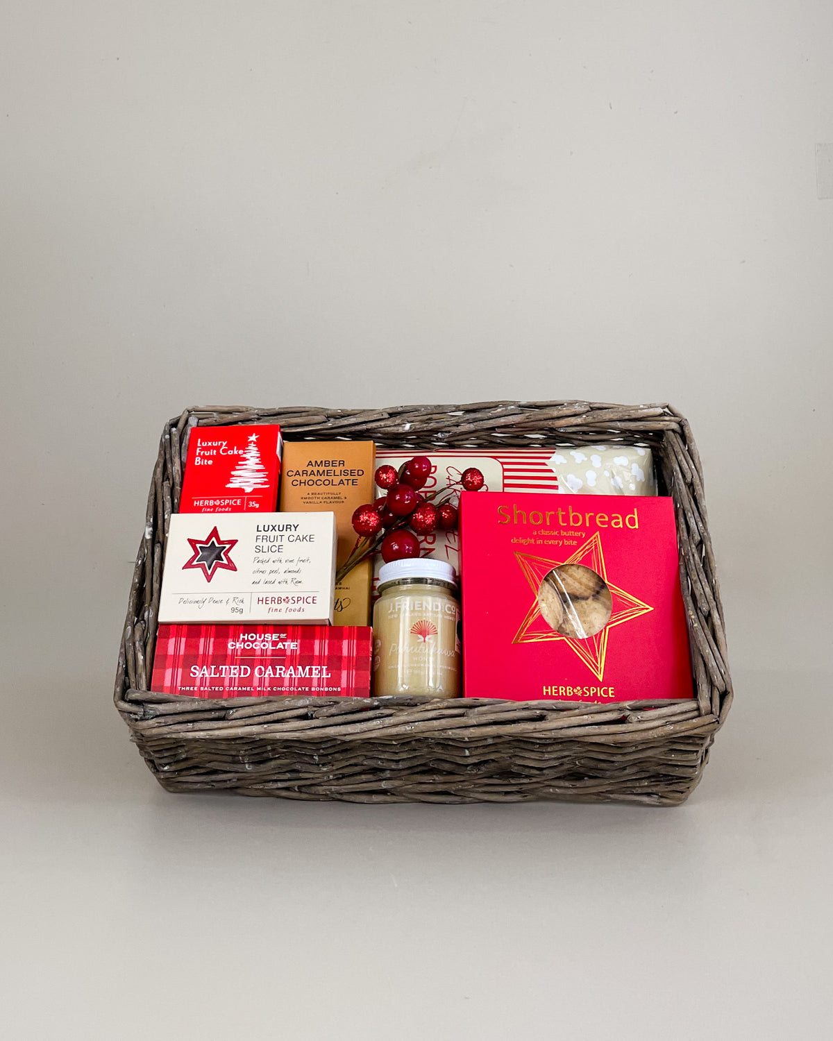 Christmas Wishes gift basket with honey, popcorn, chocolate and shortbread cookies