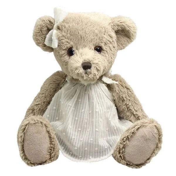 Fluffy Clare Bear soft plush teddy bear with a cream-coloured coat and a sweet embroidered face, perfect for newborn baby gifts and keepsake gift boxes.