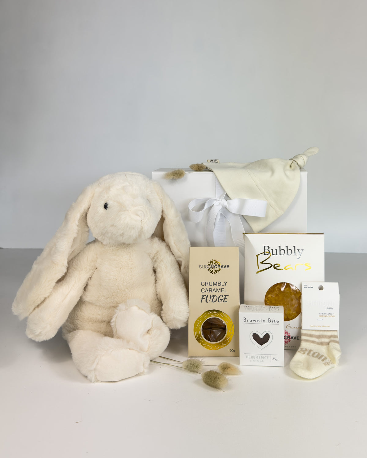Congratulations New Parents Gift Box with Lily & George bunny, soft baby beanie and cosy Merino baby socks, a beautiful newborn baby gift.