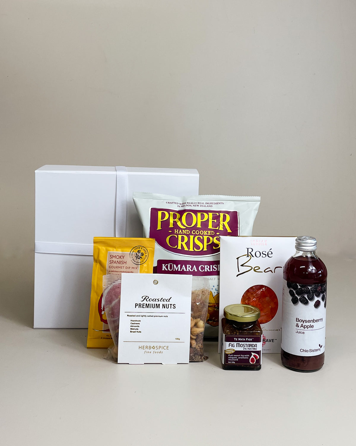 Dairy free gift box NZ with gourmet snacks crisps fig relish juice nuts vegan treats