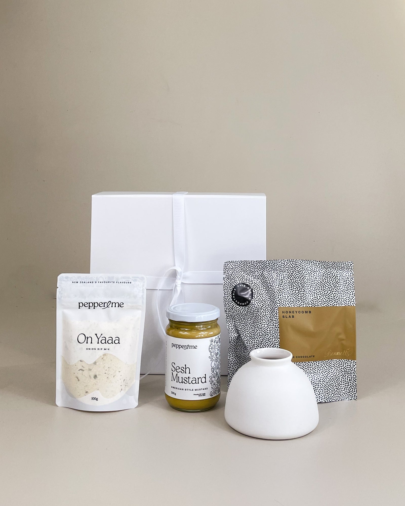 Deluxe Home Gift Box featuring Ned Collections vase, Pepper & Me relish and dip mixes and handmade chocolates in premium packaging.