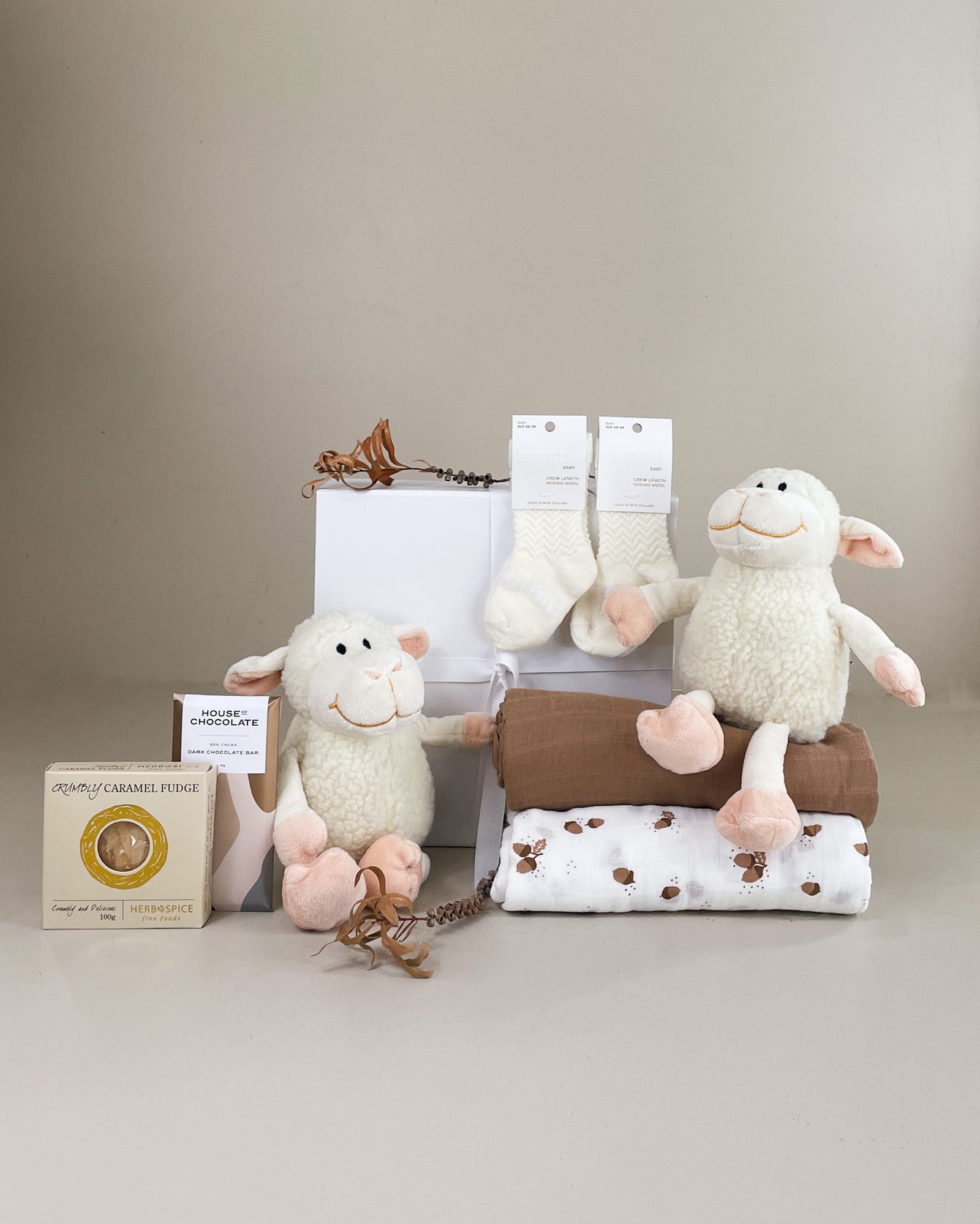 Double the Love Twin Gift Box NZ featuring merino baby socks, muslin swaddle, baby sheep toys and artisan New Zealand treats for new parents of twins