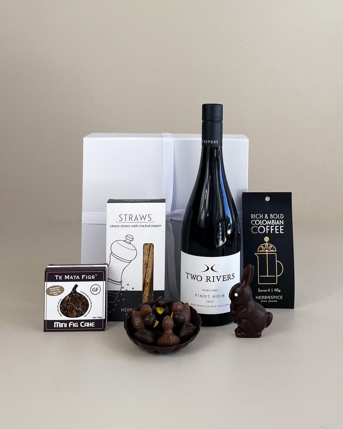 Easter Wine & Chocolate Gift Box with red wine, handmade chocolates, and gourmet savoury treats from New Zealand artisan makers