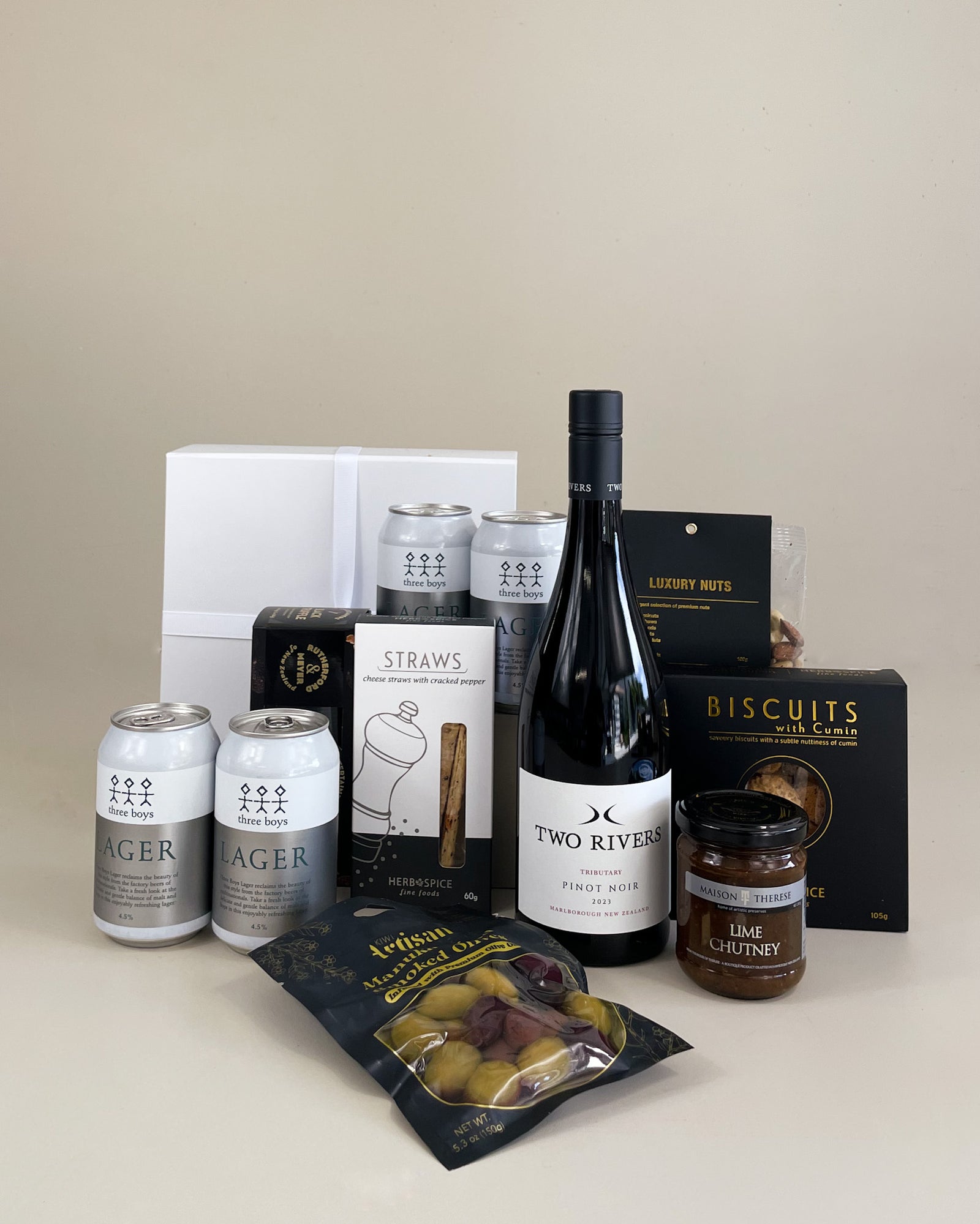 Executive Choice Gift Box with New Zealand craft beer, Two Rivers wine, and artisan gourmet treats – luxury corporate gift for clients, staff, and executive appreciation