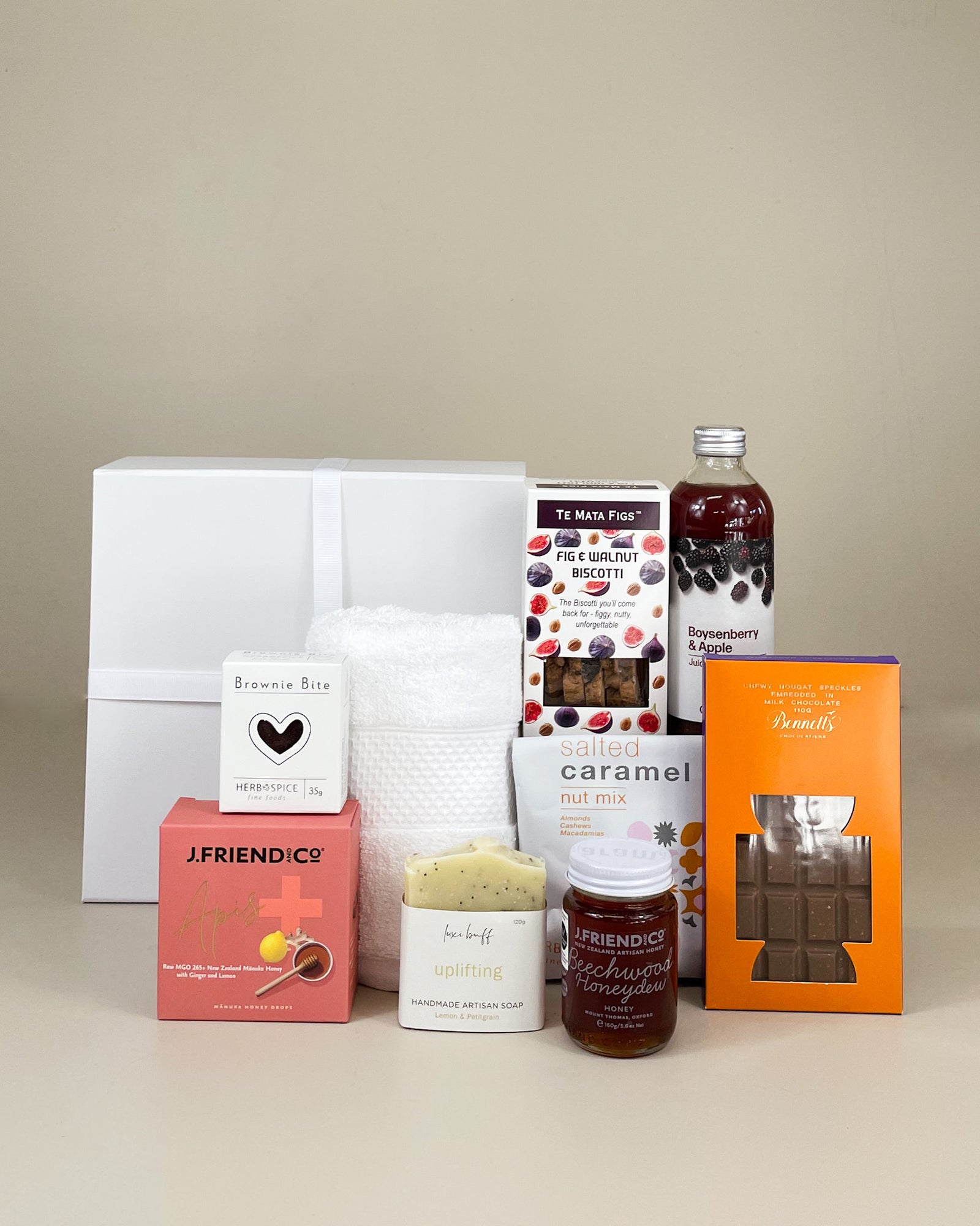 Feel Better Soon Gift Box NZ featuring natural honey, manuka honey drops, mixed nuts, and organic uplifting soap, beautifully presented wellness gift for recovery and comfort