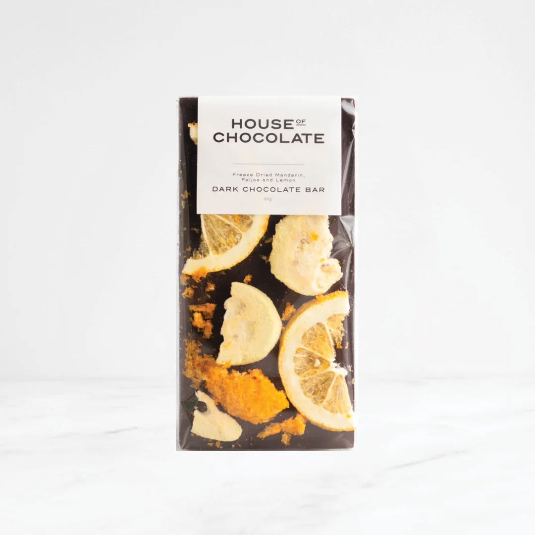 Freeze Dried Mandarin, Feijoa, and Lemon Dark Chocolate Bar