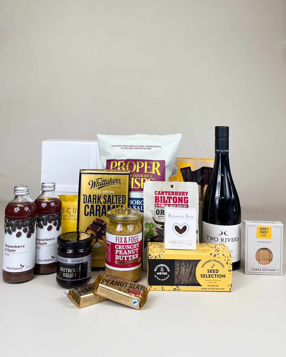 Gather & Share Food & Wine Gift Box featuring New Zealand wine, gourmet treats and artisan goodies beautifully presented in a premium gift box.