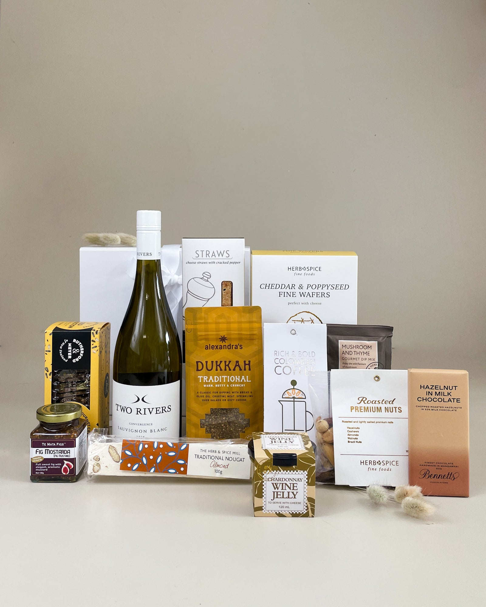 Gather & Share Food & Wine Gift Box with New Zealand sweet and savoury treats and a bottle of wine, beautifully presented for sharing and celebrating.