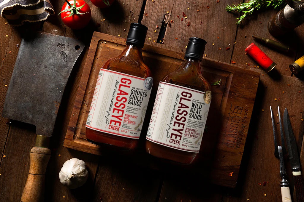 Glasseye Creek twin pack BBQ sauce gift box featuring smoked chilli sauce and wild meat sauce in a carry gift box for BBQ gifting