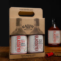 Glasseye Creek twin pack BBQ sauce gift box featuring smoked chilli sauce and wild meat sauce in a carry gift box for BBQ gifting