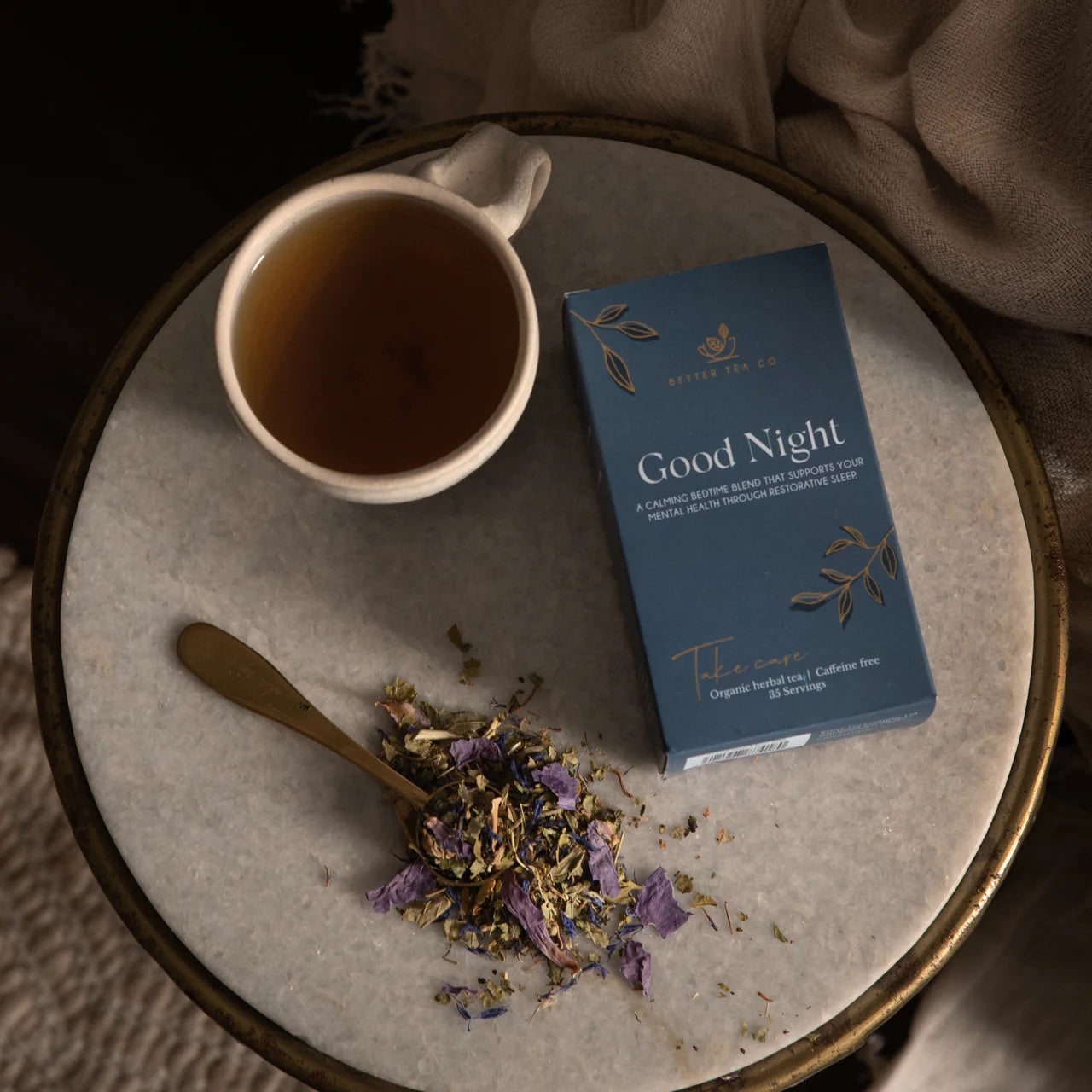 Better Tea Co Good Night Herbal Sleep Tea NZ wellbeing and get well herbal tea gift for relaxation, stress relief, bedtime comfort, and restful sleep.
