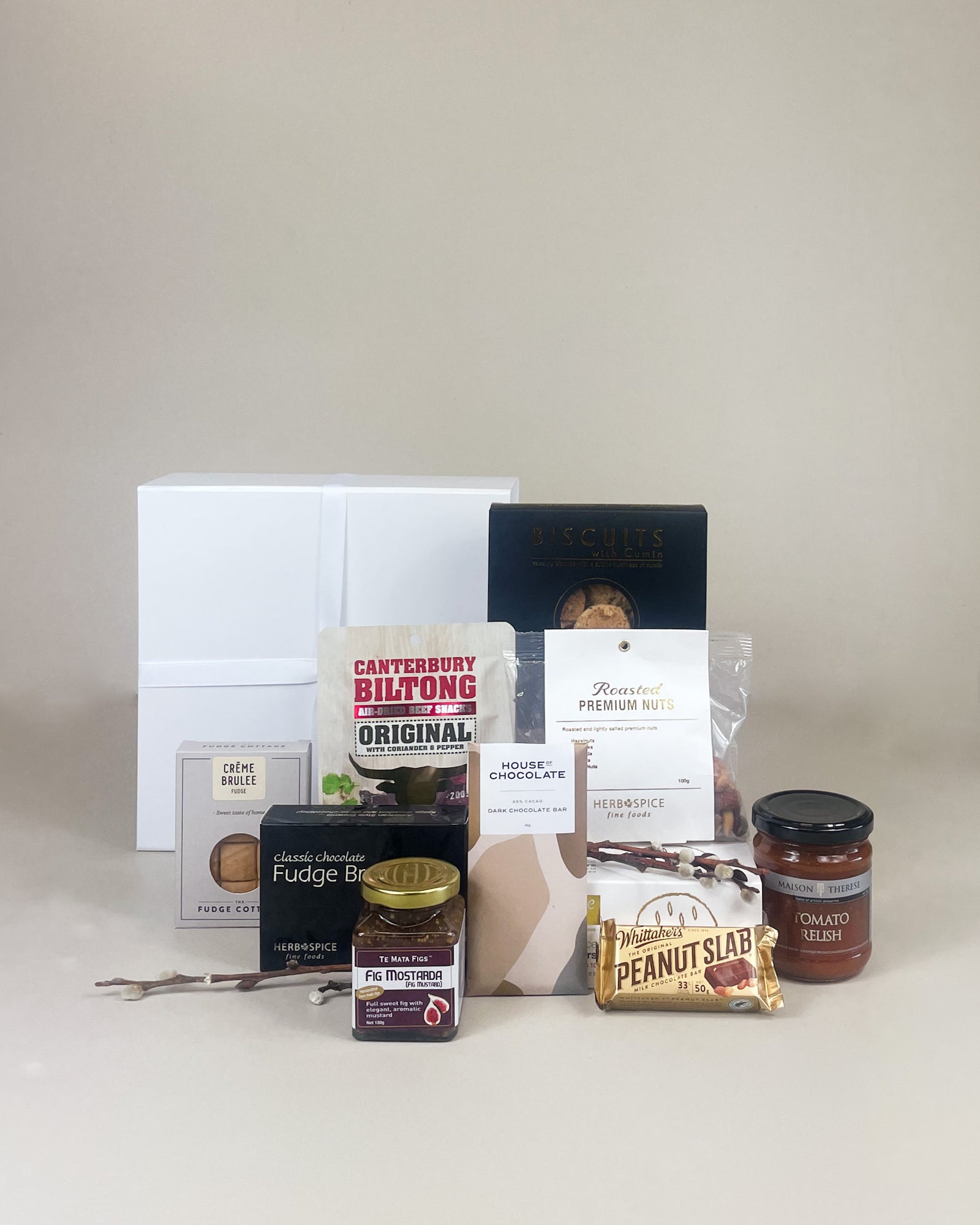 Gourmet sharing gift box NZ with sweet and savoury artisan treats beautifully presented gift basket for sharing