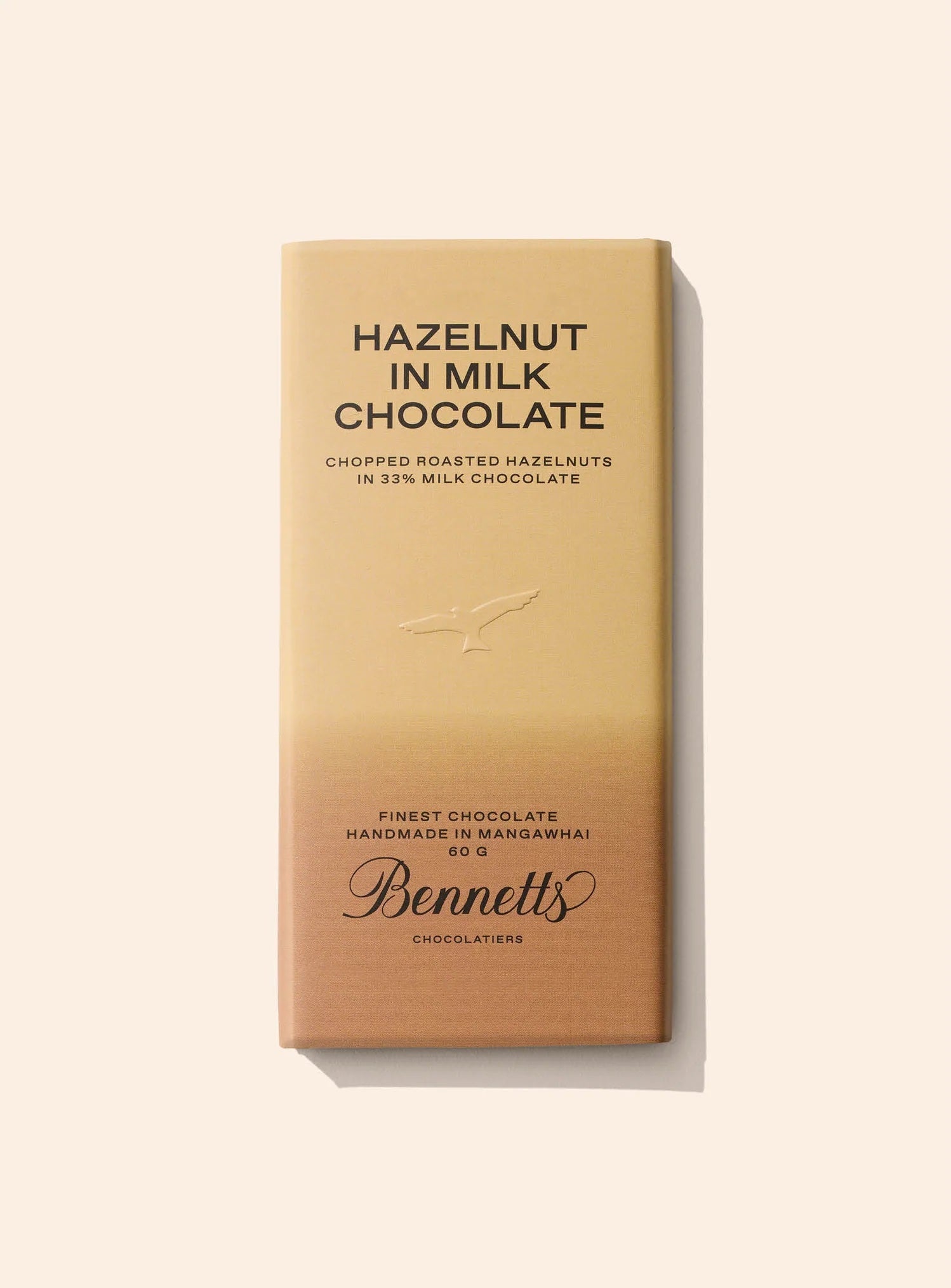 Bennetts of Mangawhai Hazelnut Chocolate Bar made with creamy New Zealand milk chocolate and crunchy chopped hazelnuts.