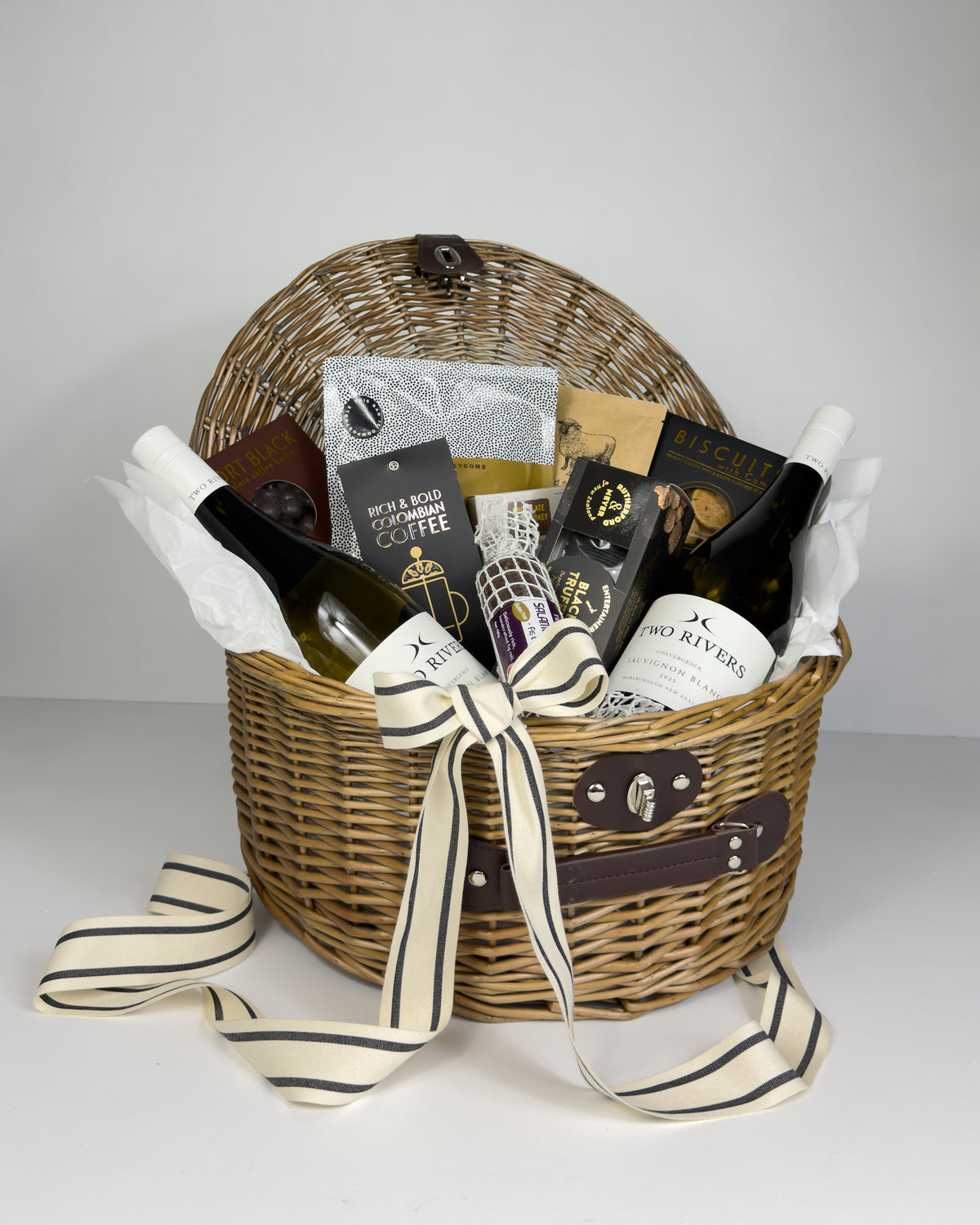 I Appreciate You Gift Hamper with two bottles of New Zealand wine and artisan gourmet treats in a wicker hamper