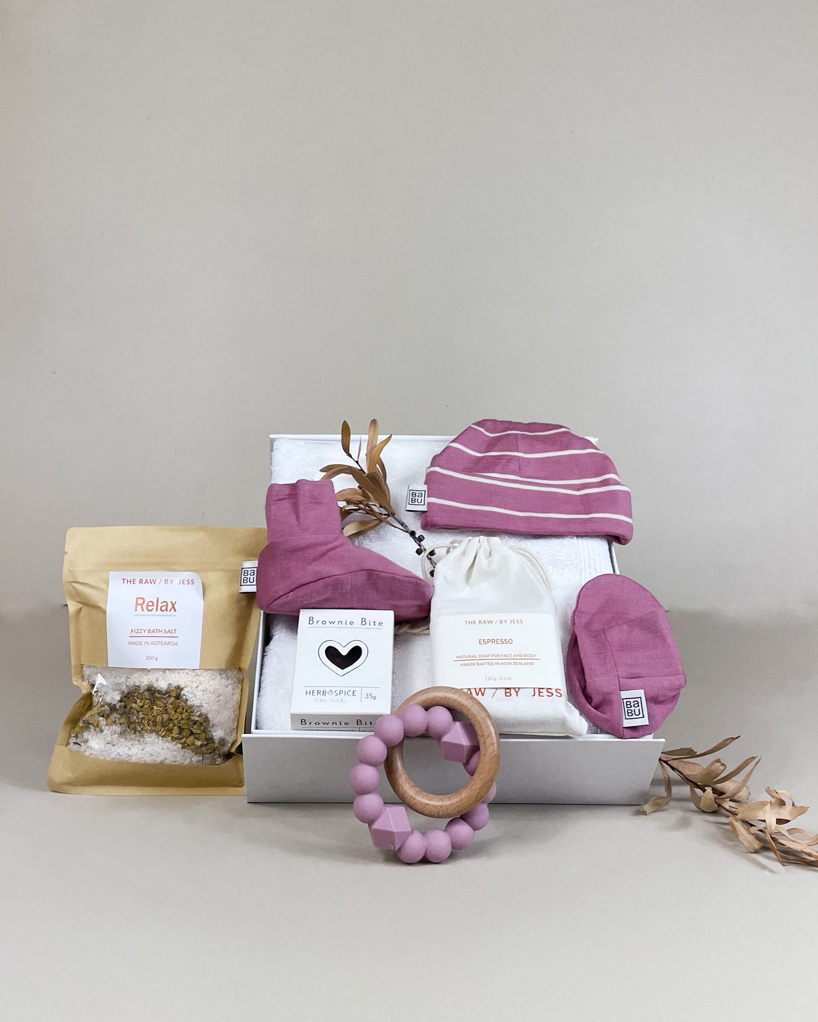 Newborn baby girl gift box with merino baby essentials bath salts and natural soap NZ