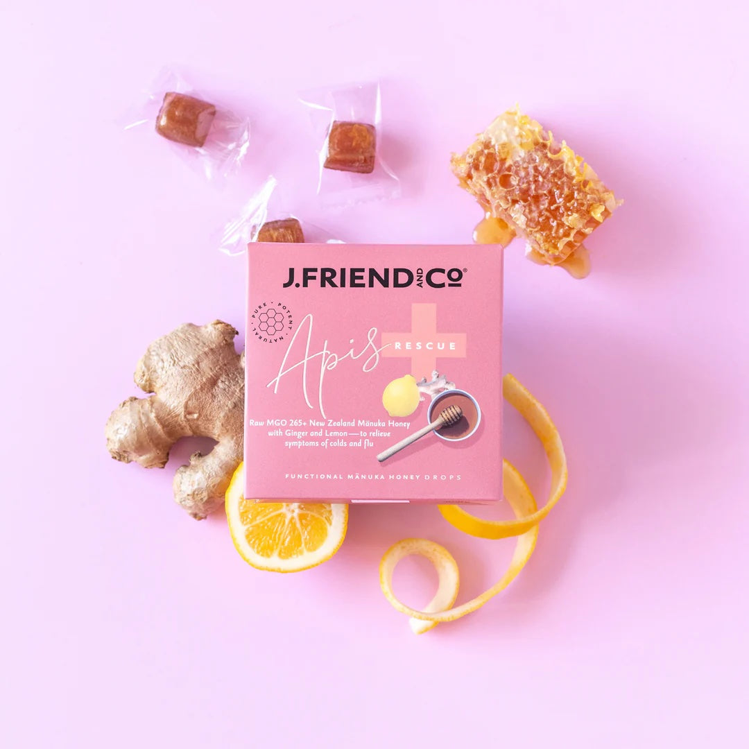 NZ Mānuka Honey 10+ lemon and ginger drops by J. Friend & Co, natural throat soothing lozenges made with UMF 10+ Mānuka honey, lemon and ginger for immune support and cough relief.