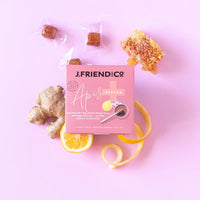 NZ Mānuka Honey 10+ lemon and ginger drops by J. Friend & Co, natural throat soothing lozenges made with UMF 10+ Mānuka honey, lemon and ginger for immune support and cough relief.