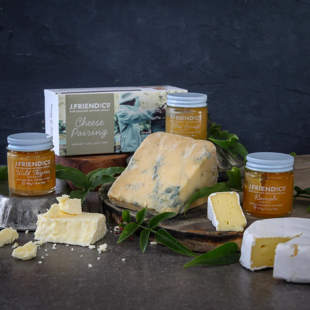 J Friend and Co Cheese Pairing Collection featuring three New Zealand honeys, Wild Thyme, Blue Borage and Kamahi, with cheese pairing recommendations.