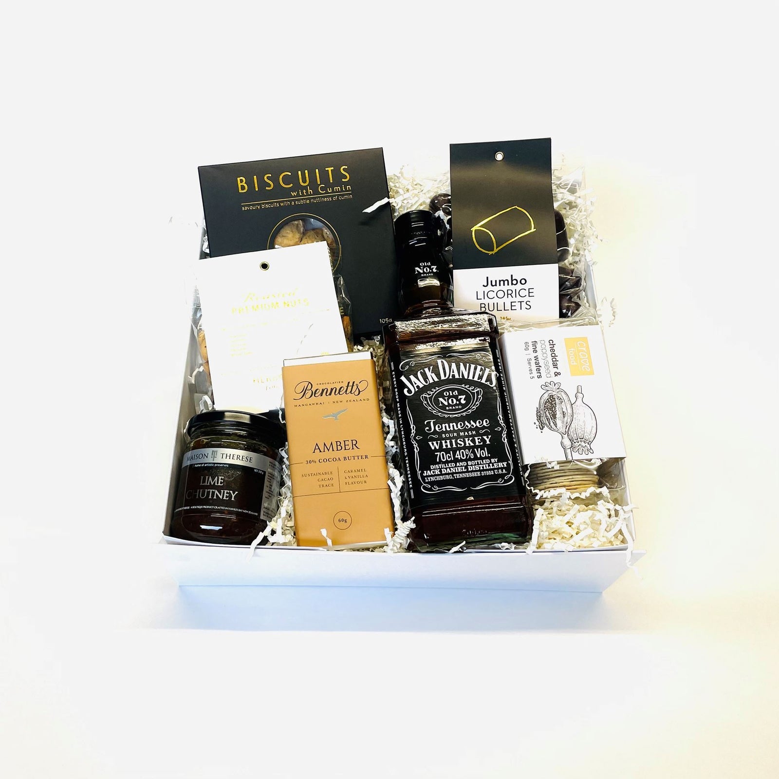 Jack Daniel's Old No. 7 Tennessee Whiskey gift box with premium savoury snacks, beautifully presented for Father's Day, birthdays and thank you gifts in New Zealand.