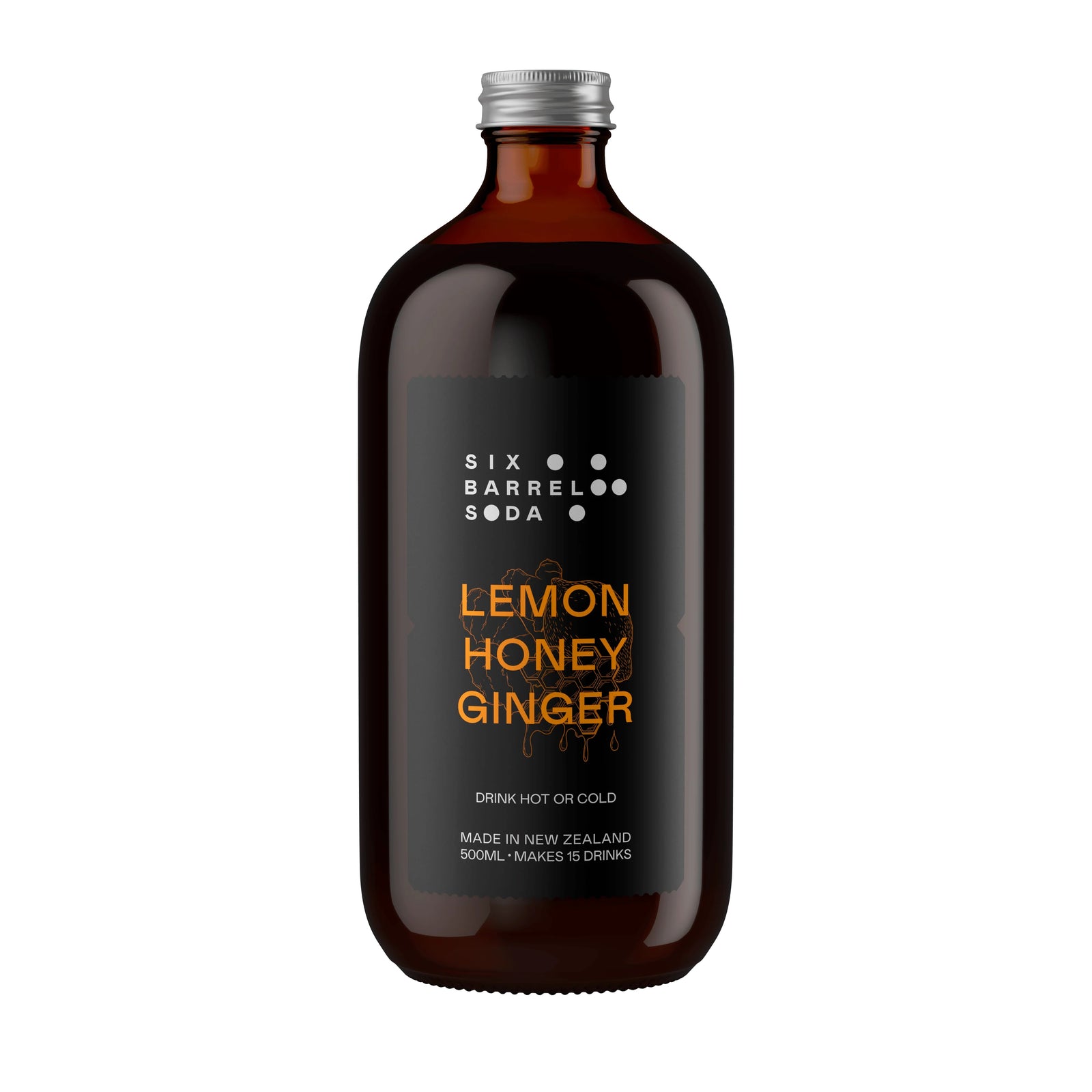 Six Barrel Soda lemon honey ginger syrup made in New Zealand with organic ginger, NZ honey, lemon juice and black pepper for hot or cold drinks.