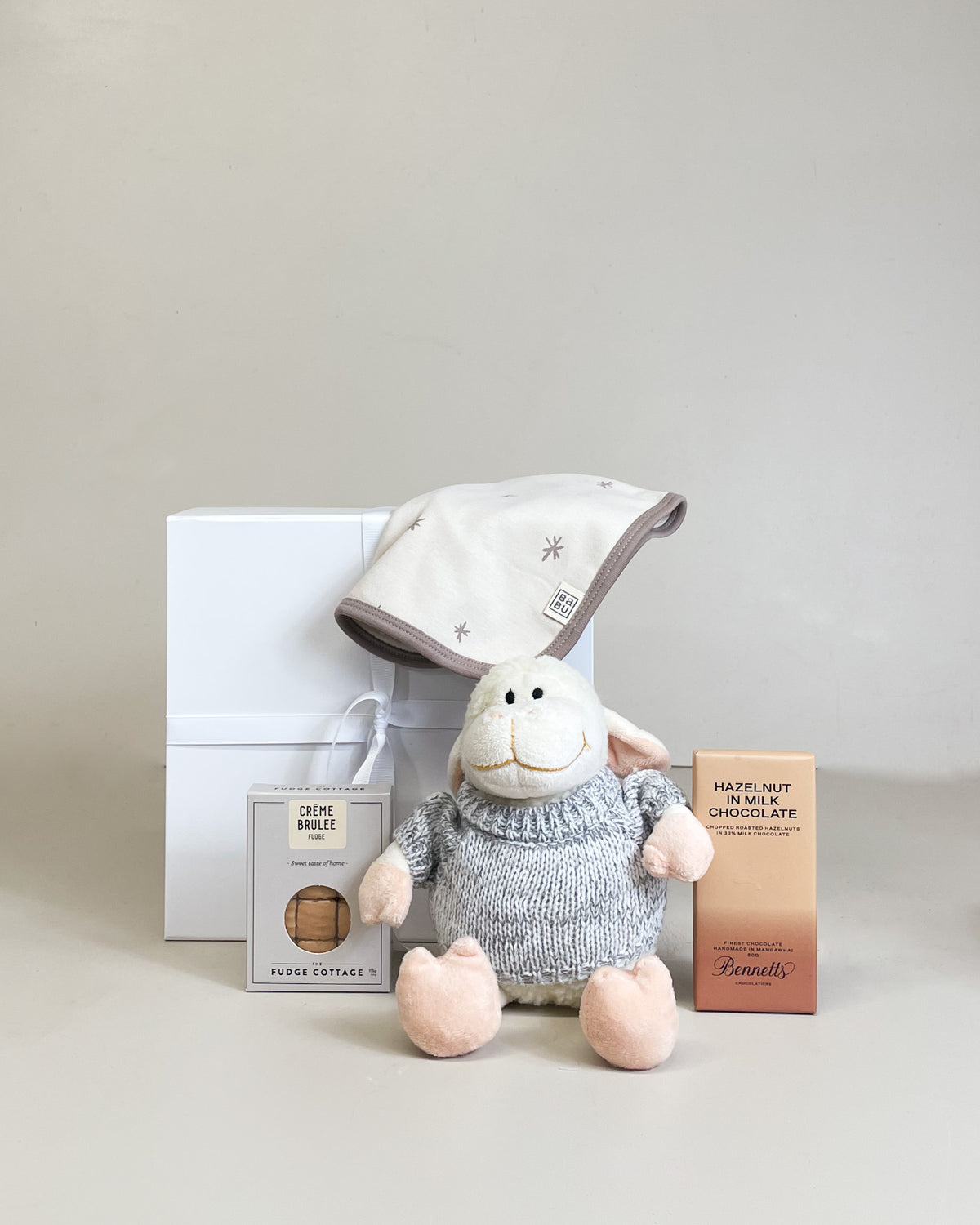 Little Lamb baby gift box with soft lamb toy, cotton bib for newborn baby NZ