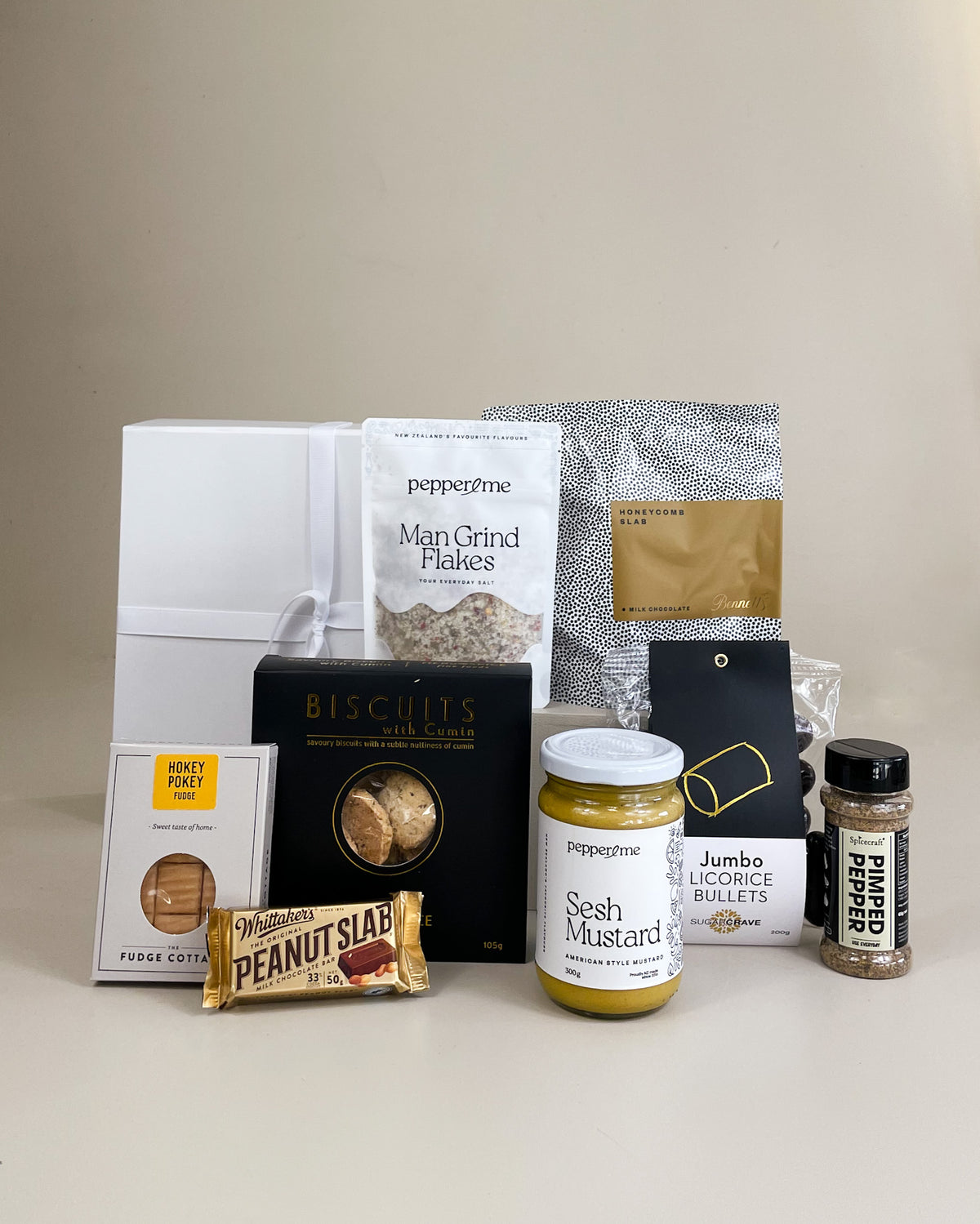 Luxury Birthday Gift Box for Him with artisan chocolate, licorice, fudge, gourmet mustard and optional NZ wine beautifully presented in a premium gift box.