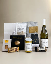 Luxury Birthday Gift Box for Him with artisan chocolate, licorice, fudge, gourmet mustard and optional NZ wine beautifully presented in a premium gift box.