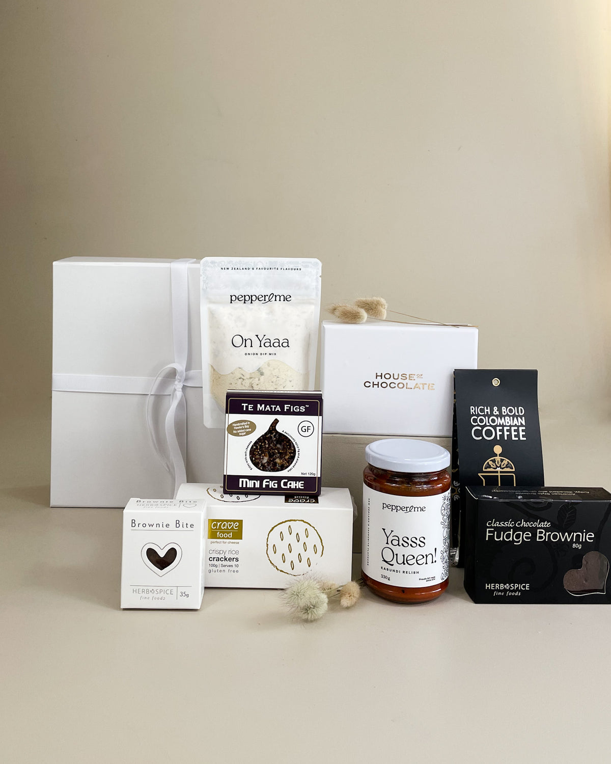 Luxury Birthday Gift Box for Her with artisan chocolates, brownie fudge, gourmet relish, wafers and optional New Zealand wine.