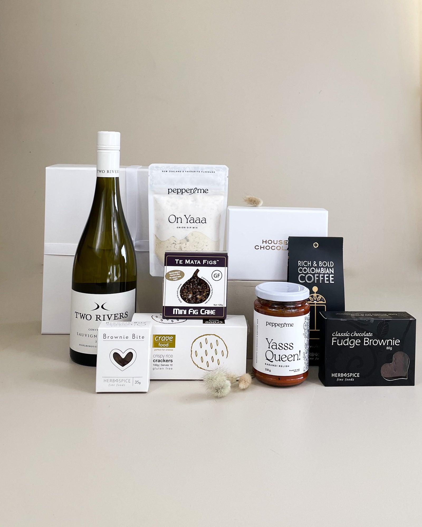 Luxury Birthday Gift Box for Her with artisan chocolates, brownie fudge, gourmet relish, wafers and optional New Zealand wine.