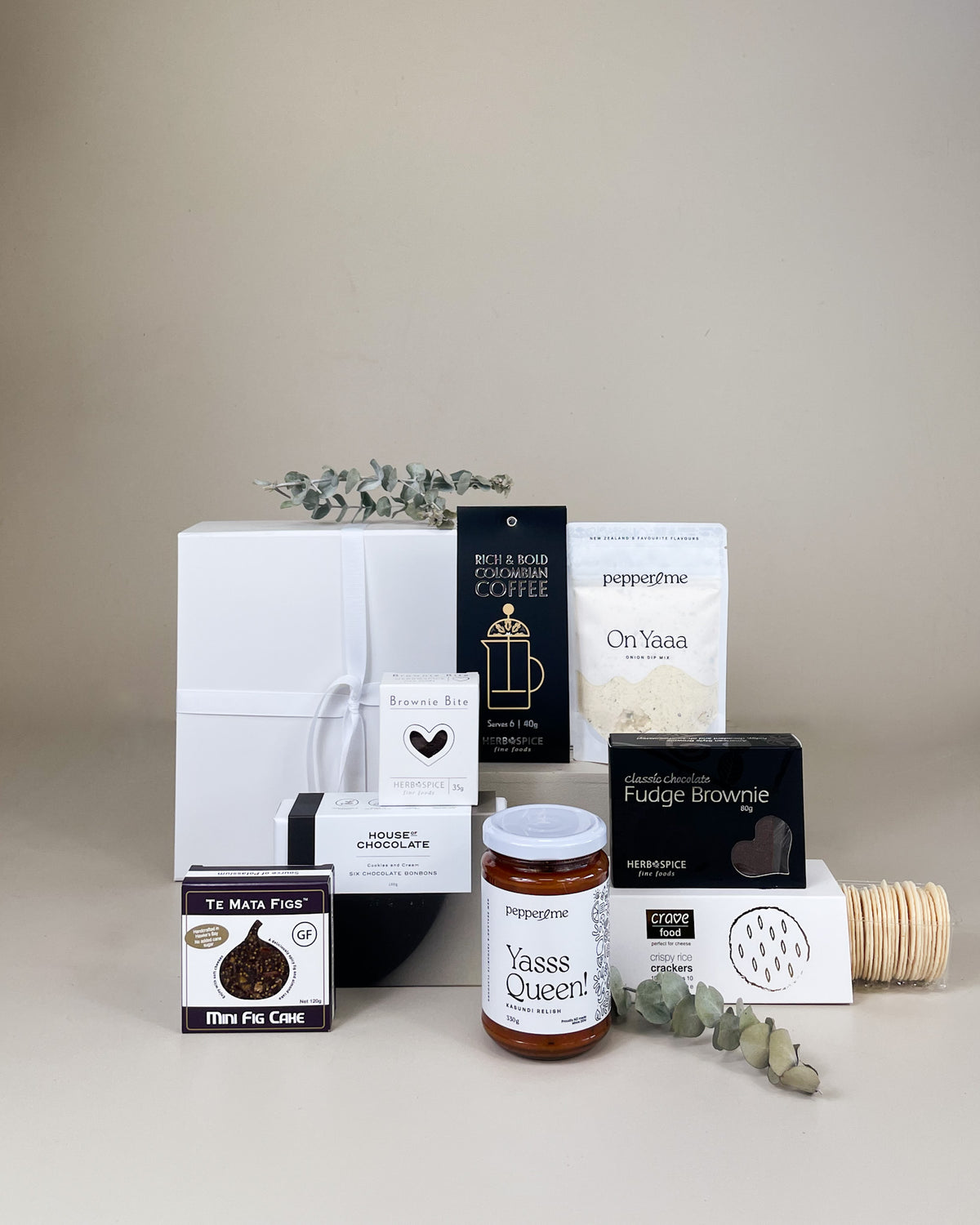 Luxury Birthday Gift Box for Her with artisan chocolates, brownie fudge, gourmet relish, wafers and optional New Zealand wine.