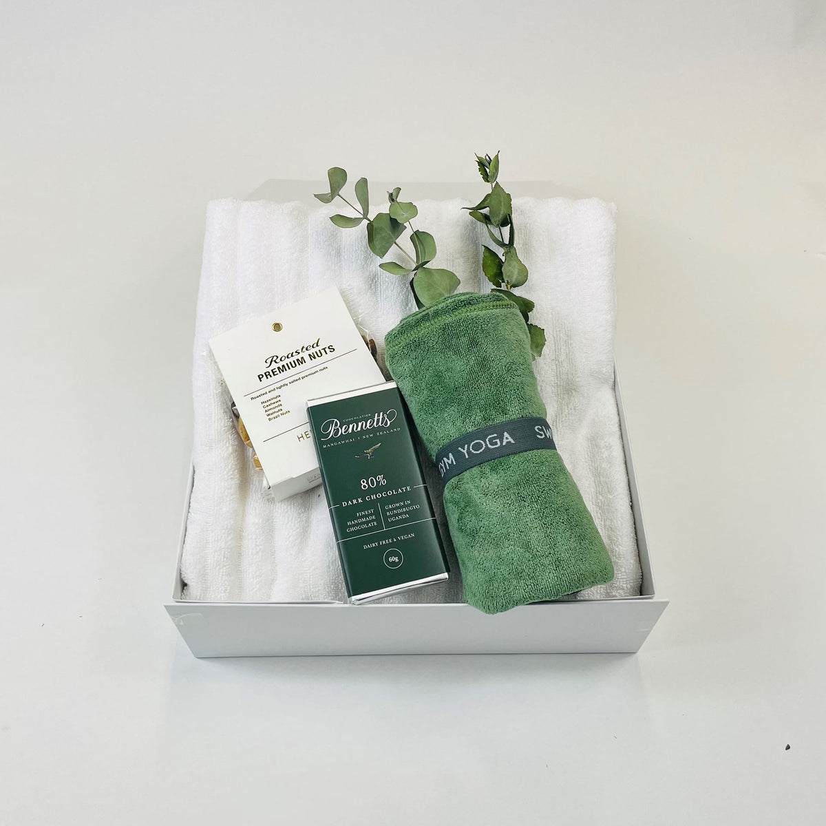 Me Time Gift Box with yoga towel, NZ-made body chocolate and gourmet nut collection