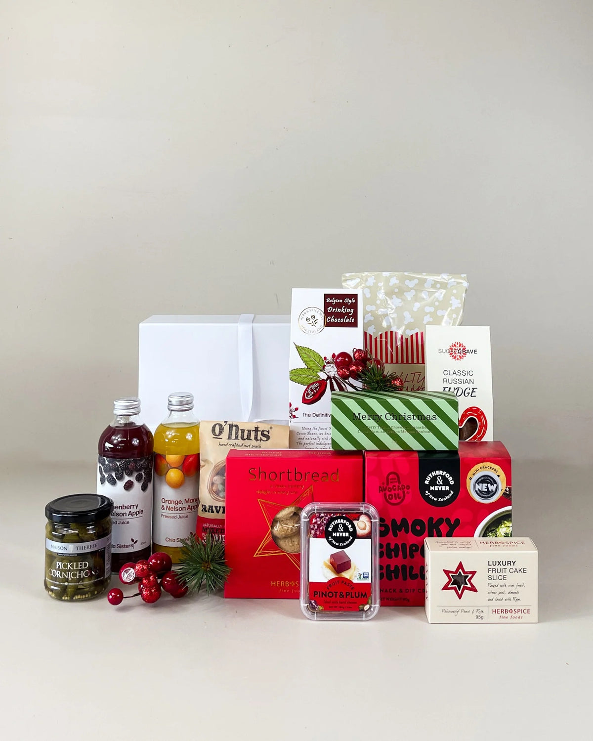 Merry & Bright Christmas Gift Box with New Zealand juice, fudge and sweet Christmas treats