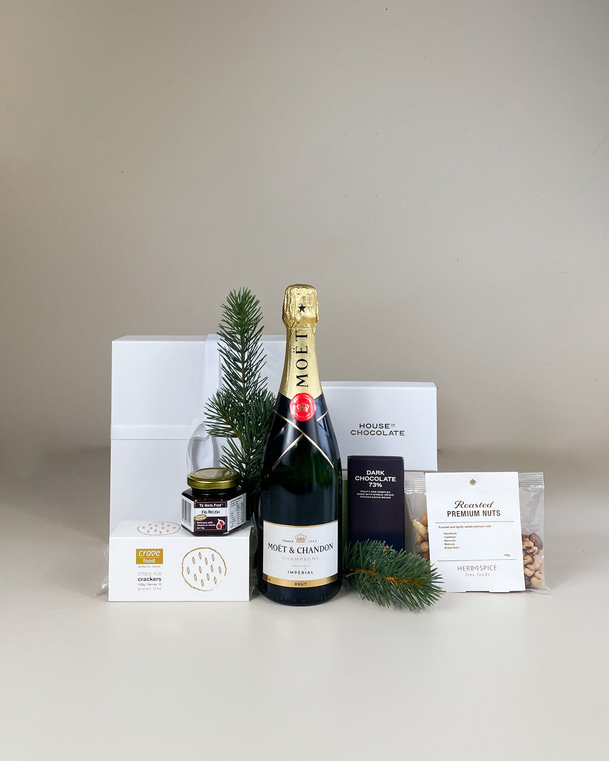 Luxury Moët & Chandon Champagne Gift Box with New Zealand gourmet treats and optional Lyttelton Lights candle.