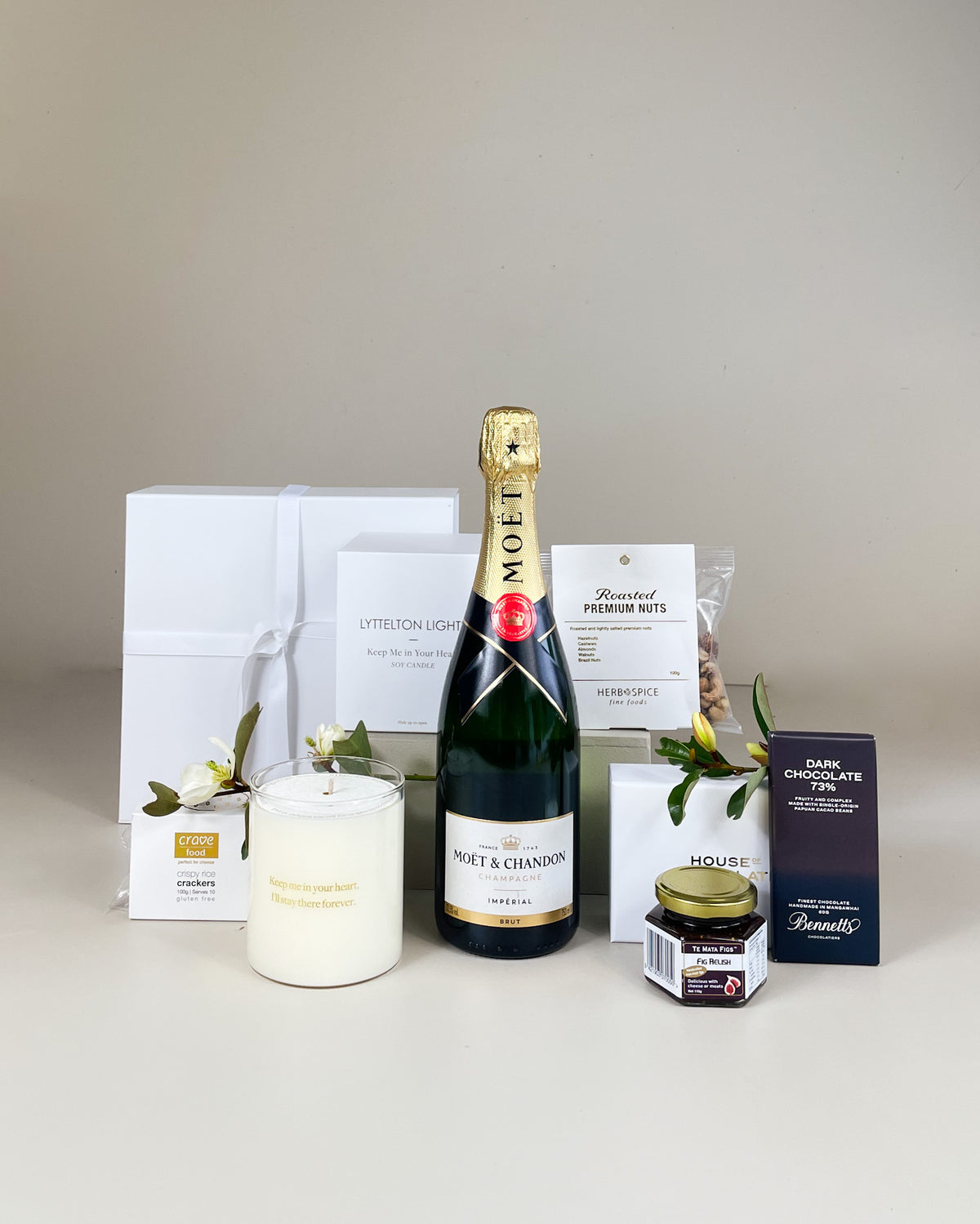 Luxury Moët & Chandon Champagne Gift Box with New Zealand gourmet treats and optional Lyttelton Lights candle.