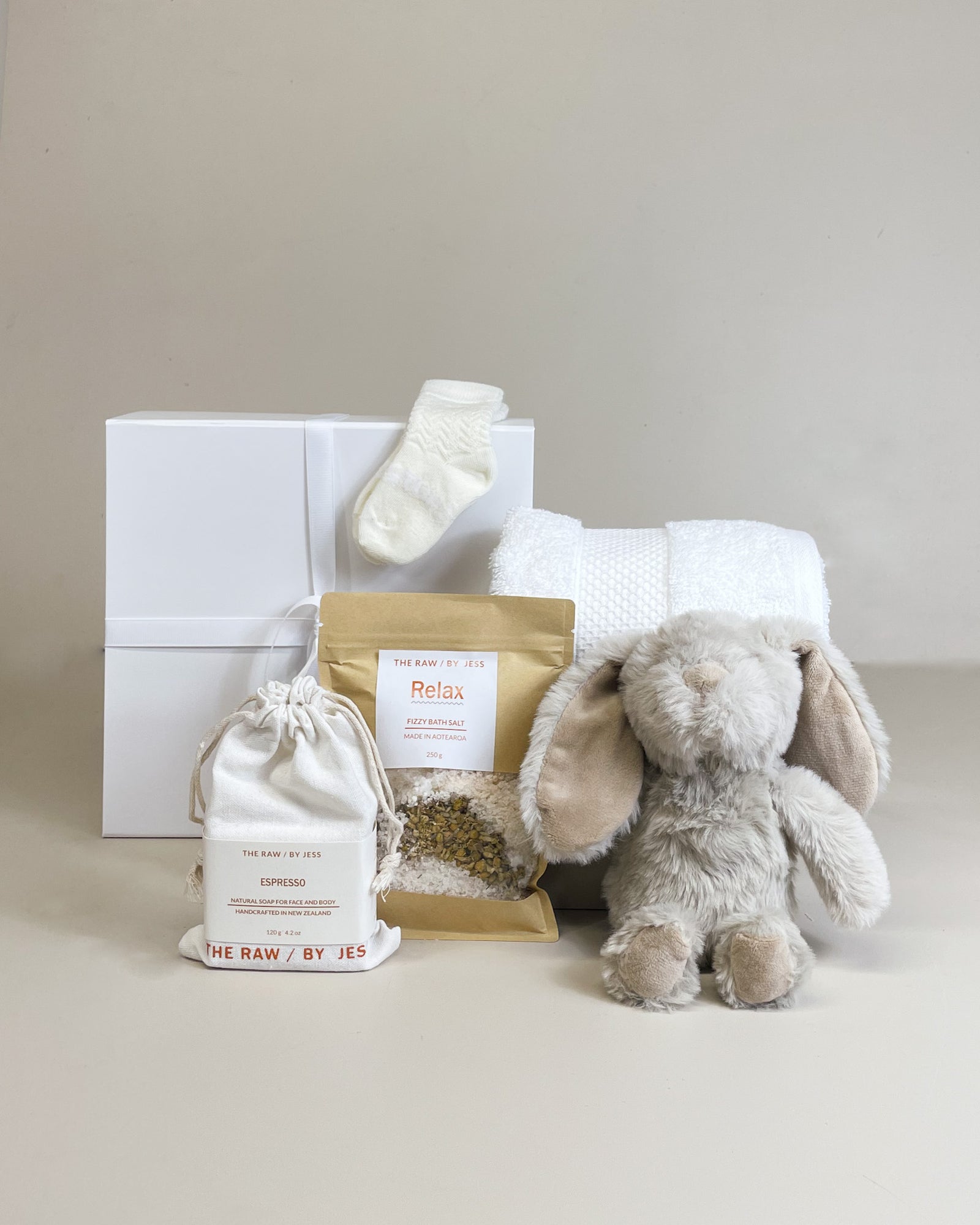 Natural baby gift box with soft bunny, merino newborn socks, organic soap and lavender bath salts for baby and mum NZ gift box
