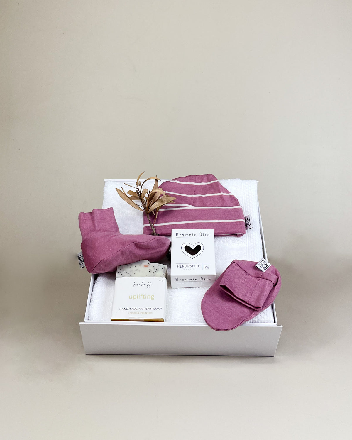Newborn baby girl gift box with merino baby essentials and natural soap NZ