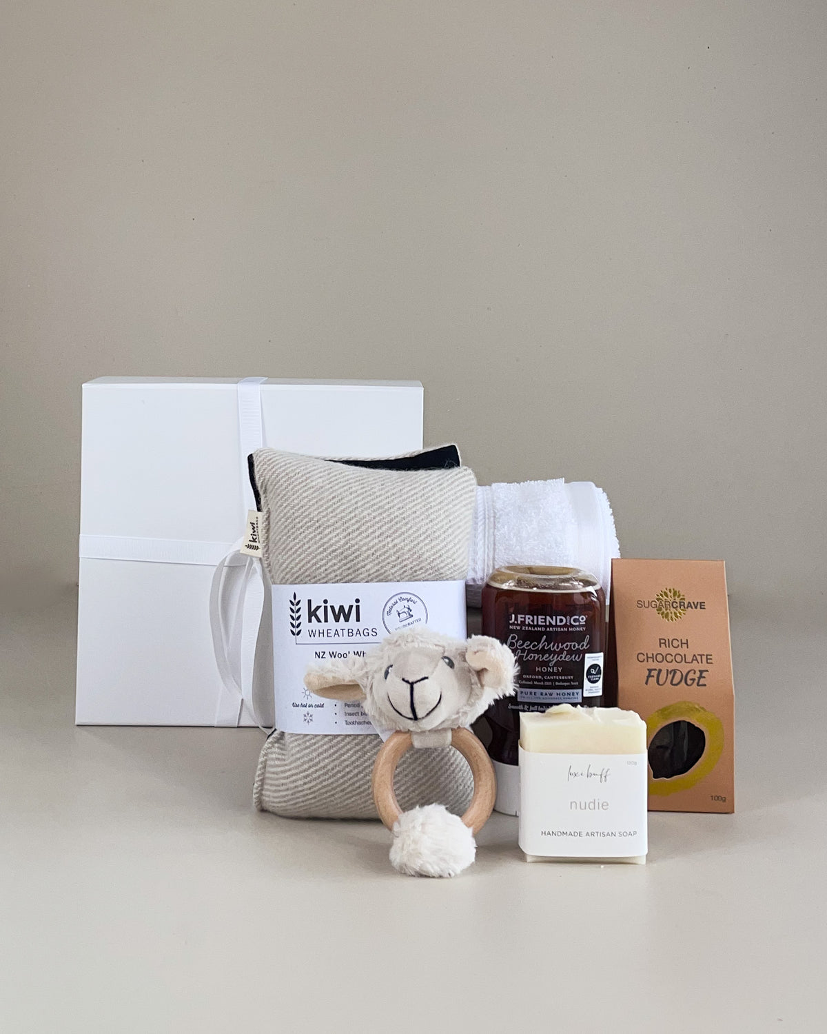 NZ Mum & Baby Gift Box with wool wheat bag, wooden teether, organic soap and natural honey