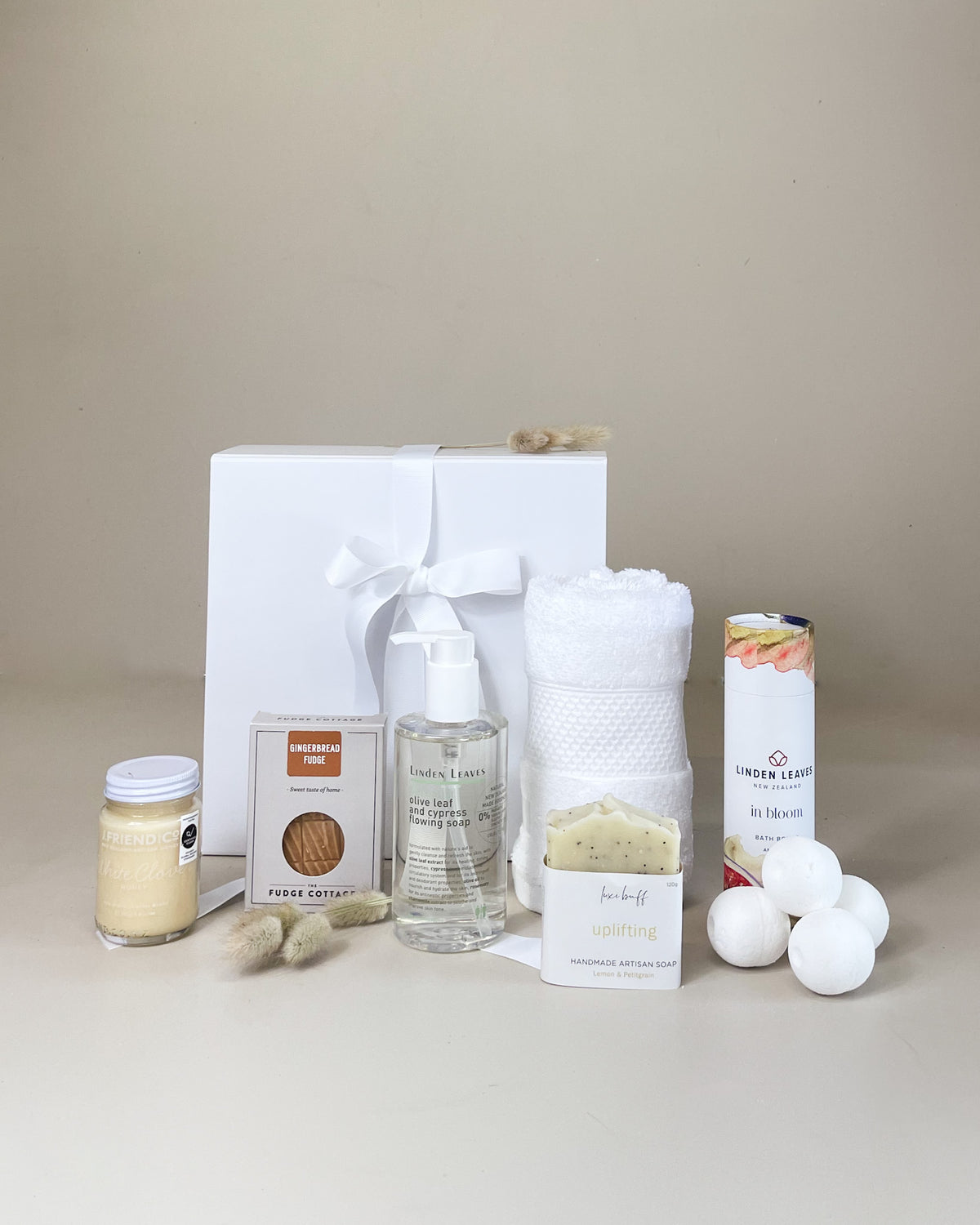 Pamper Gift Box with NZ-made soap, bath bombs and fudge, beautifully presented as a thoughtful self-care gift