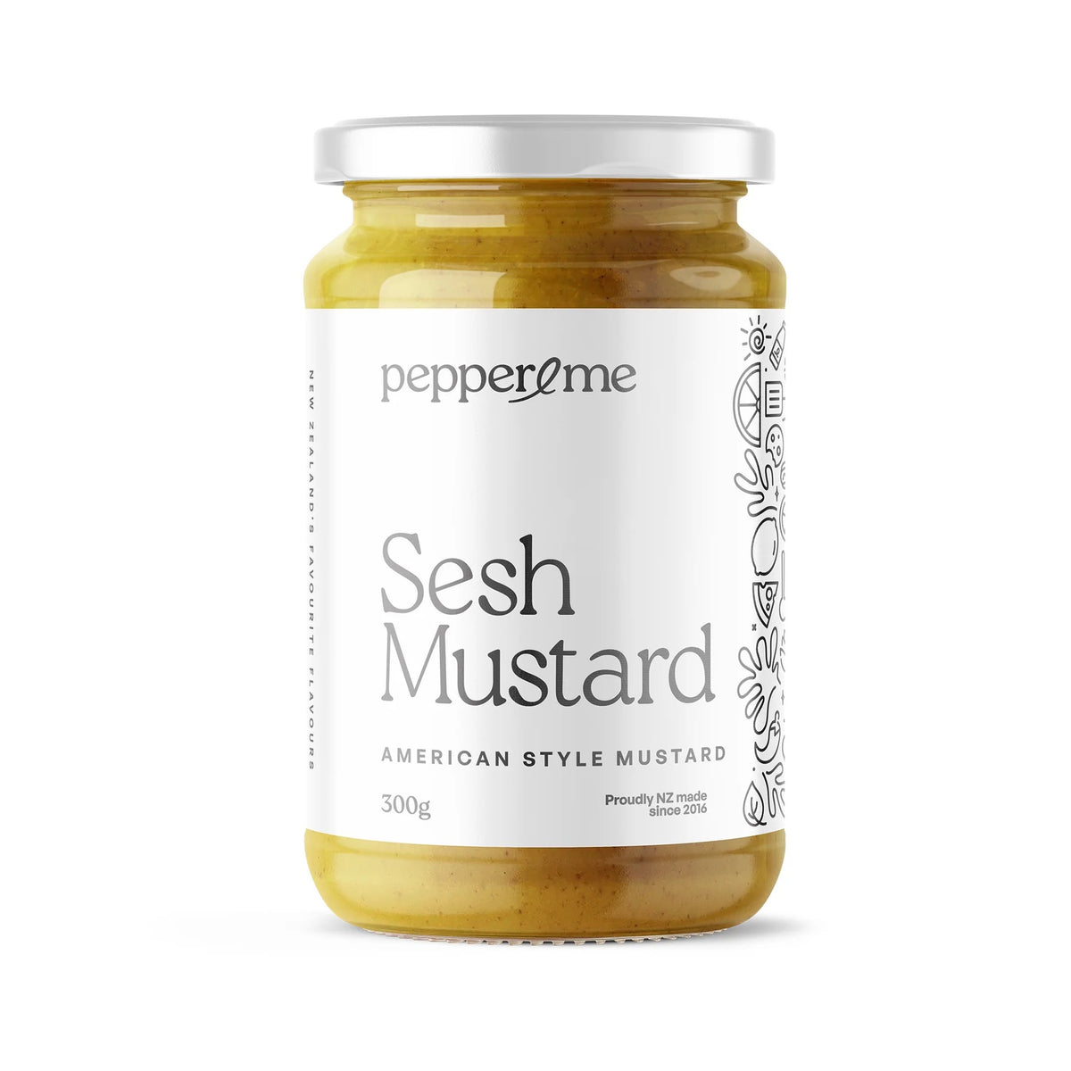 Pepper & Me Sesh Mustard gourmet American-style mustard jar styled as a premium foodie gift box add-on in New Zealand.