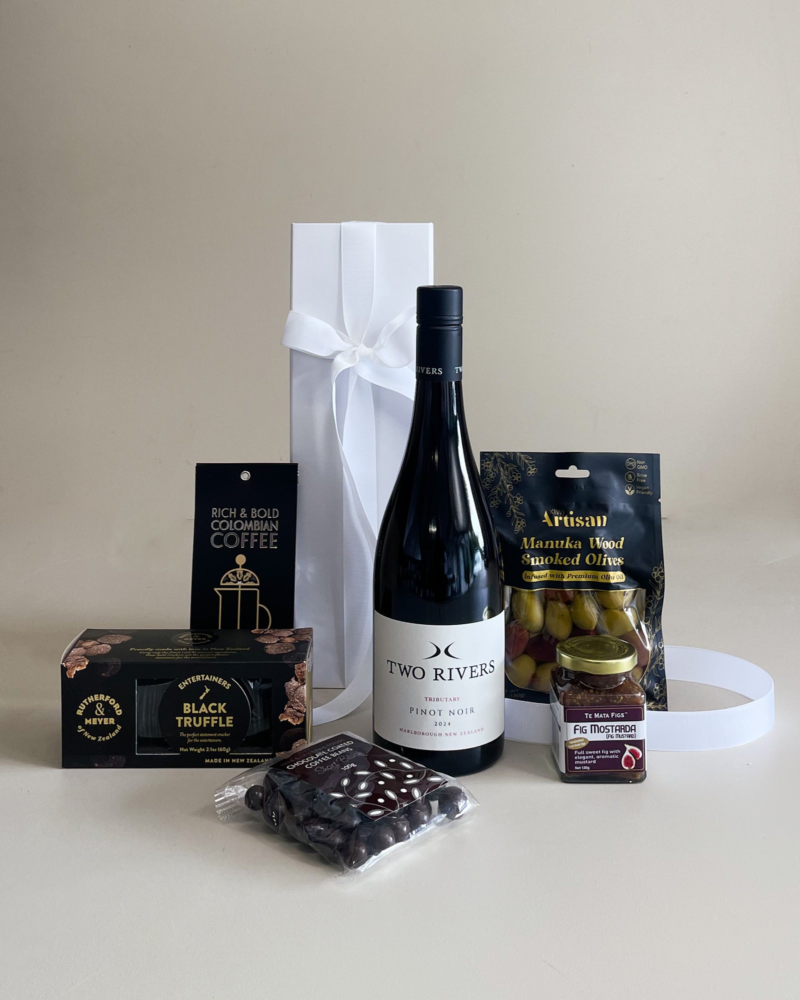 Pinot Noir wine gift box NZ luxury hamper with artisan gourmet food and elegant packaging