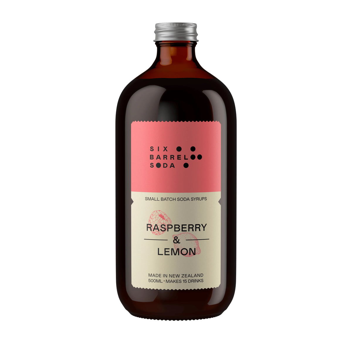 Six Barrel Raspberry Lemon Soda Syrup – raspberry and lemon drink syrup for making up to 15 refreshing pink lemonade drinks.