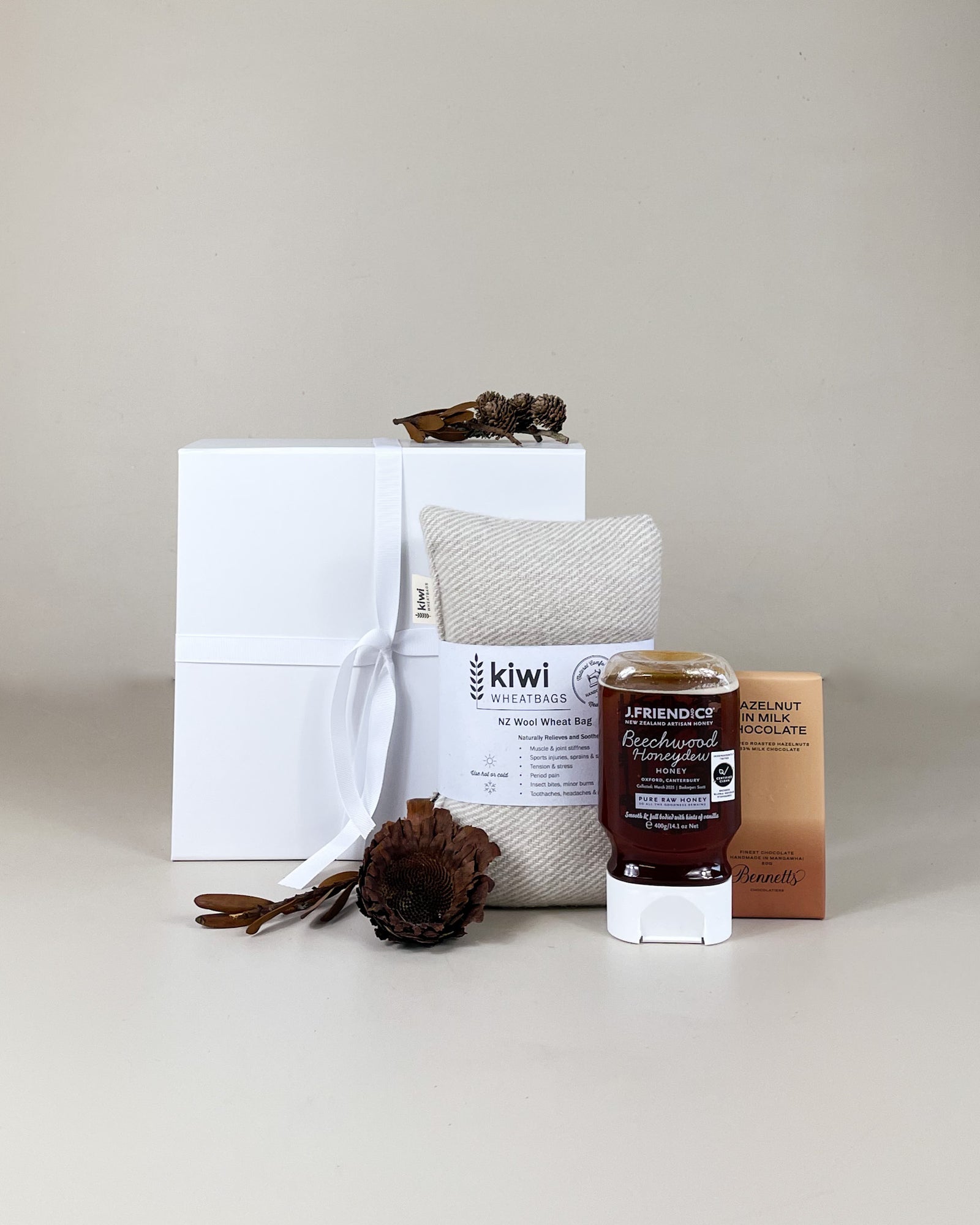 Relaxation gift box with New Zealand. made artisan honey chocolate and a lavender wheat bag  beautifully packaged for self care and pampering